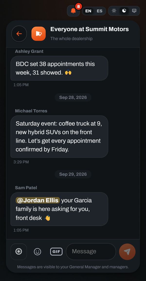 The whole-dealership team chat with messages from sales and the BDC