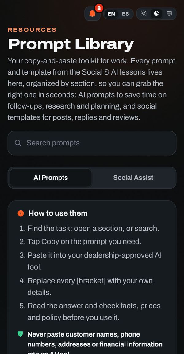 The Prompt Library with copy-ready AI prompts and social templates