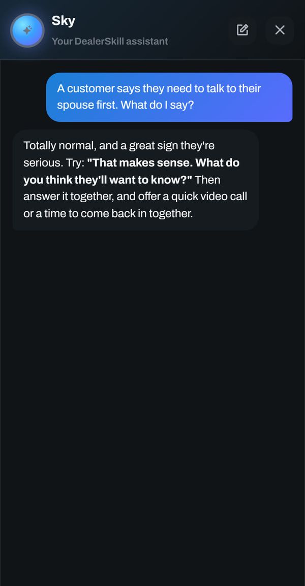 Sky answering a salesperson whose customer needs to talk to their spouse first