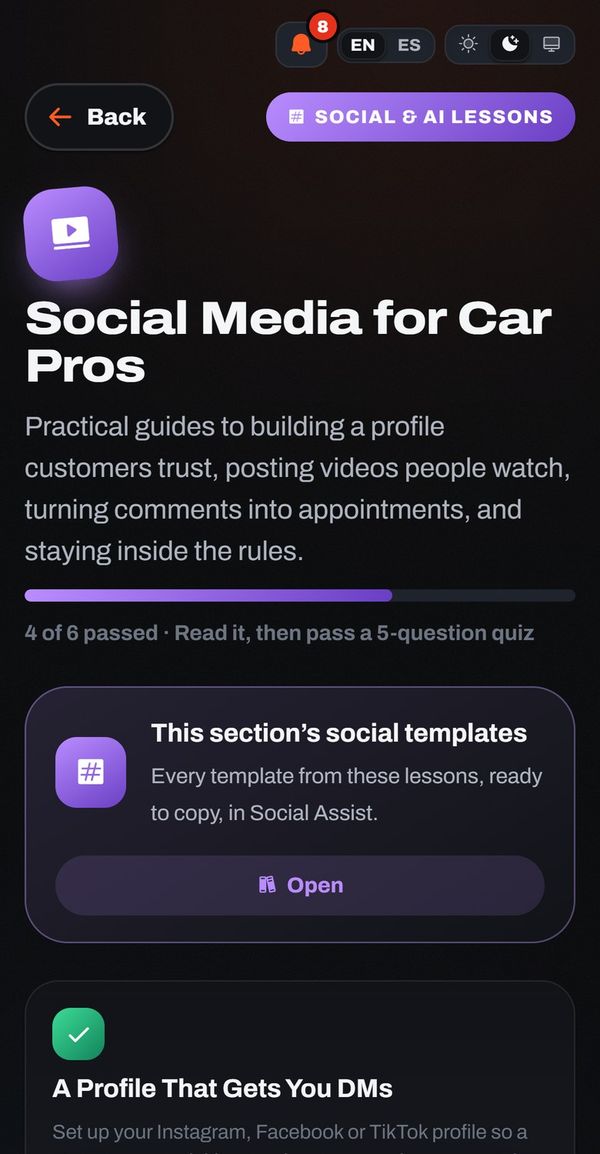 Social Media for Car Pros lessons with a quiz and ready-to-post templates