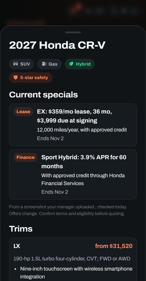 A Honda CR-V page with this month’s lease and finance specials and every trim