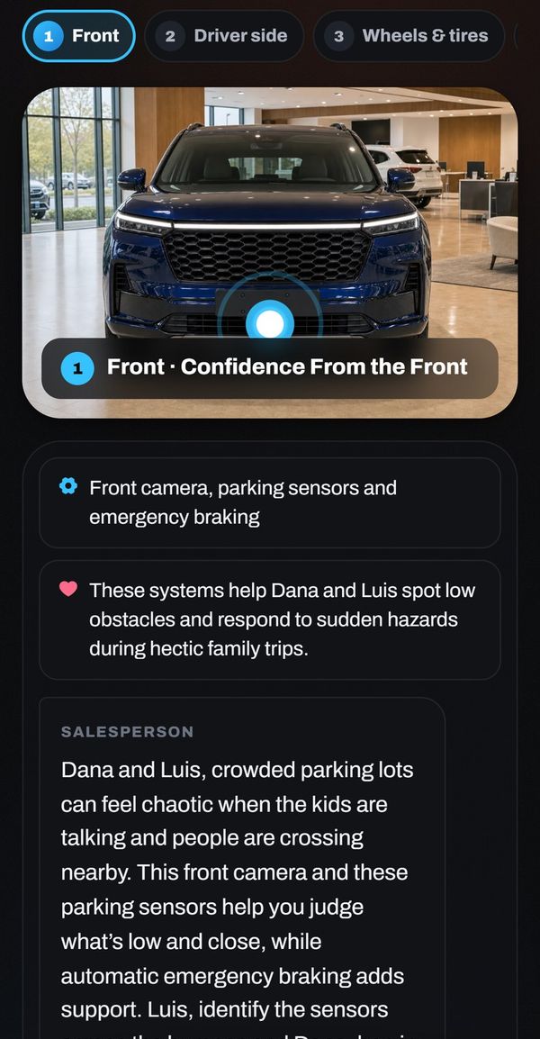 The Walkaround Simulator at the front of an SUV, with the feature to present at this stop